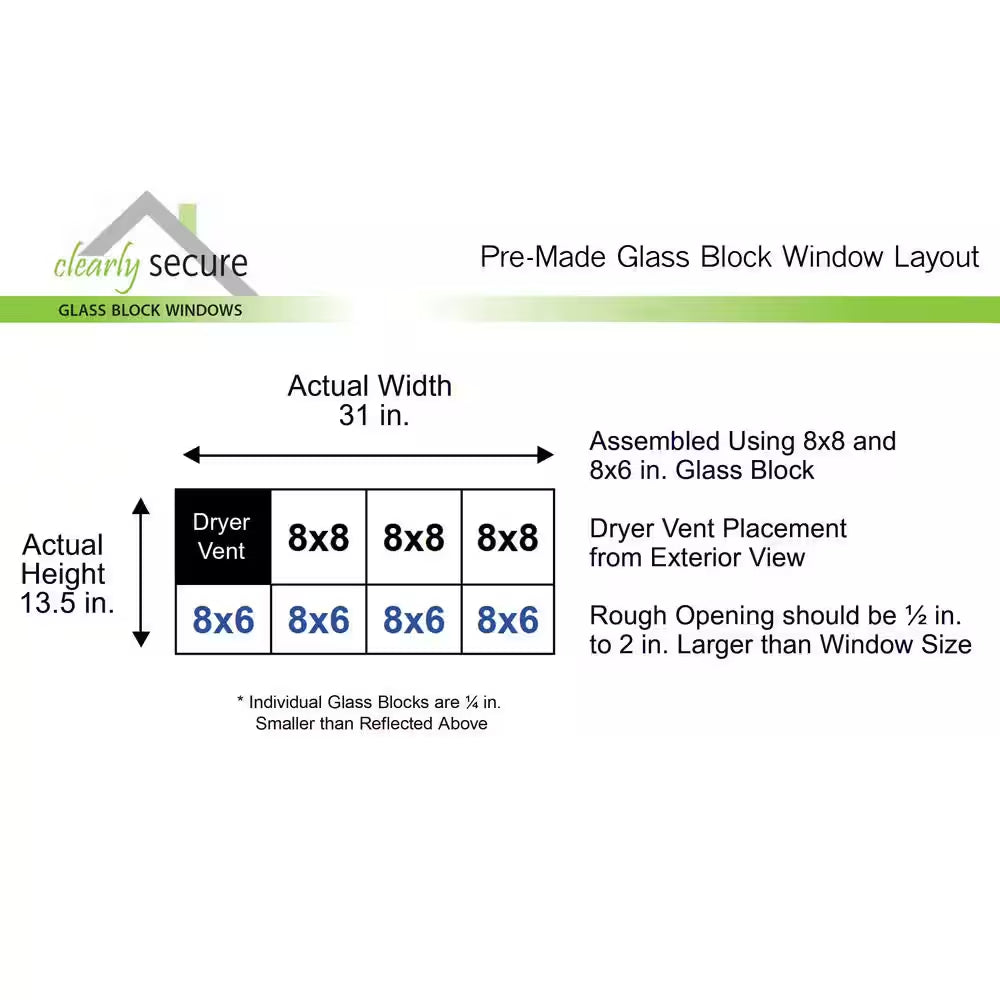 31 In. X 13.5 In. X 3.125 In. Frameless Wave Pattern Glass Block Window with Dryer Vent
