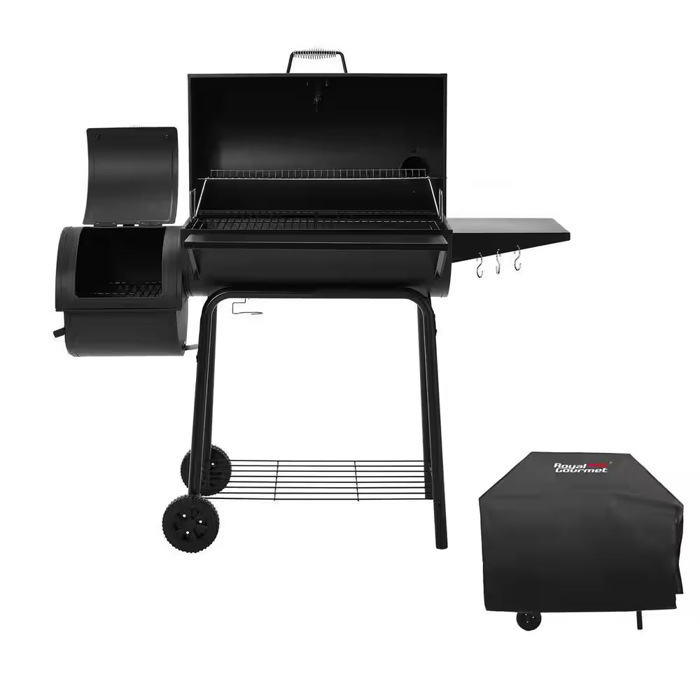 Charcoal Grill with Offset Smoker and Side Table in Black plus a Cover