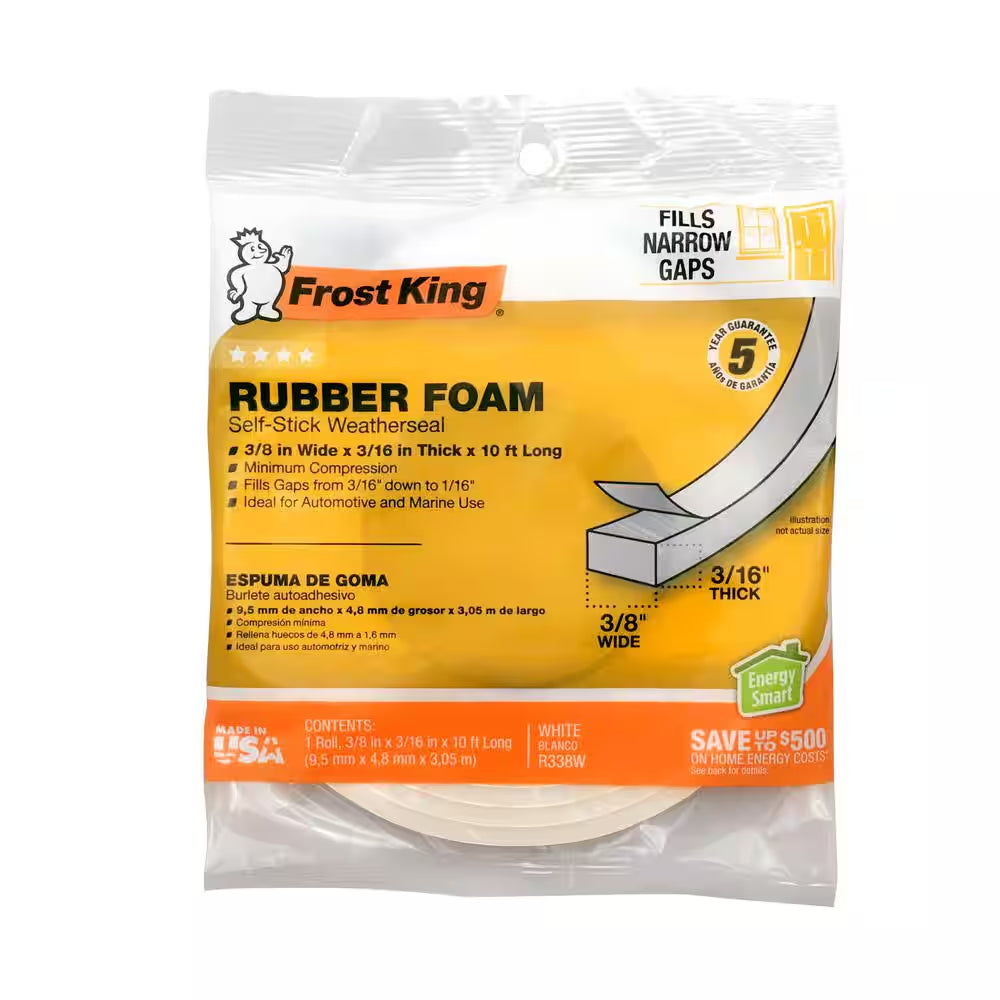 3/8 In. X 3/16 In. X 10 Ft. White High-Density Rubber Foam Weatherstrip Tape
