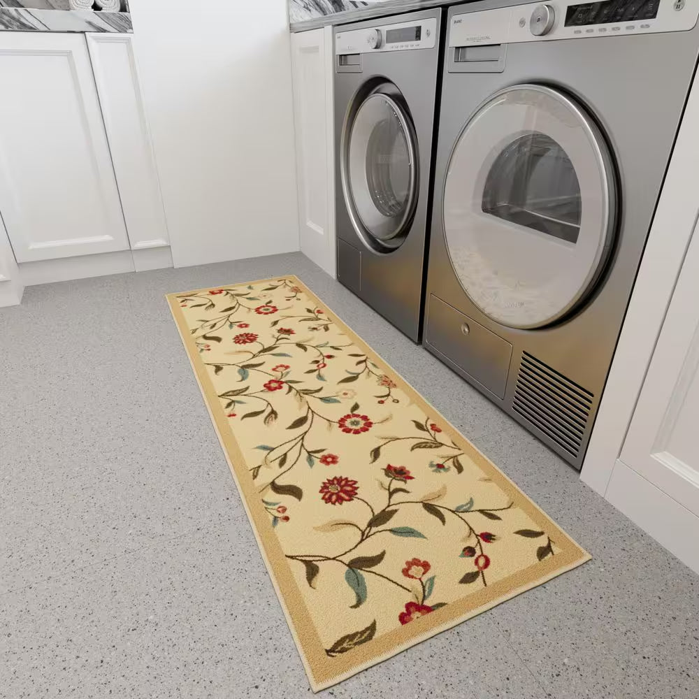 Ottohome Collection Non-Slip Rubberback Floral Leaves 2 X 5 Indoor Runner Rug, 1 Ft. 8 In. X 4 Ft. 5 In., Beige