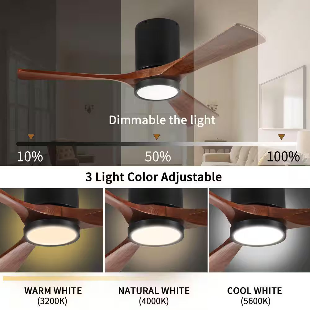 42 Inch Indoor Black Solid Wood 6 Speeds Remote Ceiling Fan with 3 Colors Dimmable LED Light and Reversible DC Motor