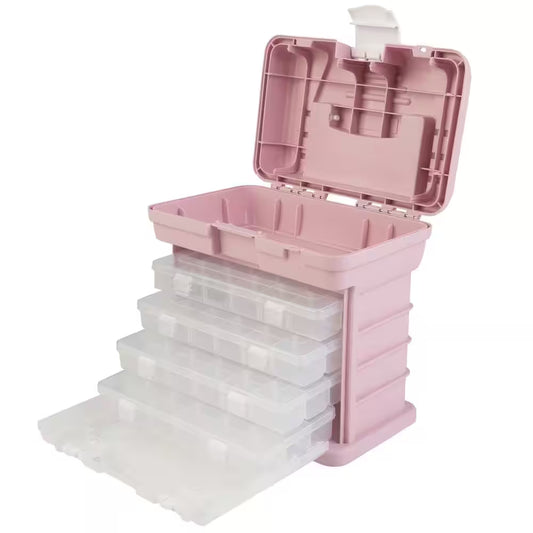 7 In. W - Pink Plastic 4 Drawer Tool Box for Hardware or Craft Supplies - Portable Tool Box