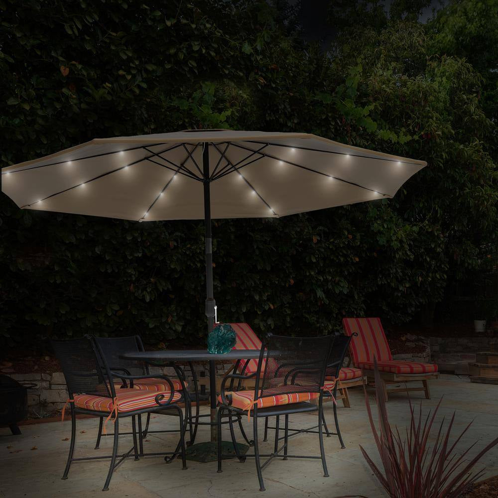 10 Ft. Aluminum Solar LED Lighted Patio Market Umbrella with Auto Tilt, Easy Crank Lift in Tan