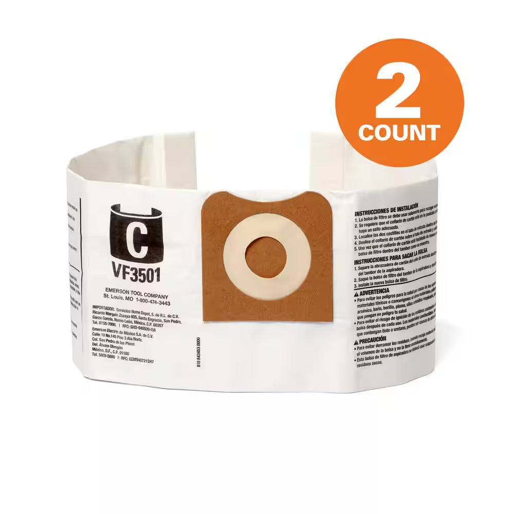 Genuine VF3501 Wet Dry Vac Dry Pick-Up Only Dust Bags for 3-4.5 Gallon and HD0600  Shop Vacuums, Size C (2-Pack)