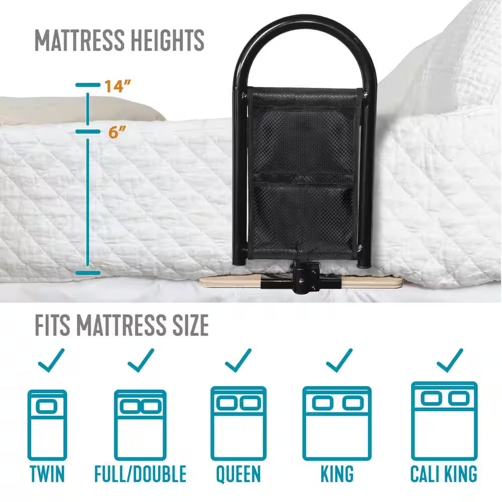 10.5 In. Bedcane Home Bed Rail with Wooden Base Board and Organizer Pouch in Black