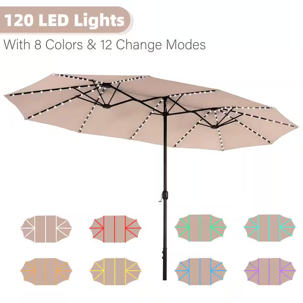 13 Ft. Steel Market 8-Color Solar LED Lights Patio Umbrella in Beige
