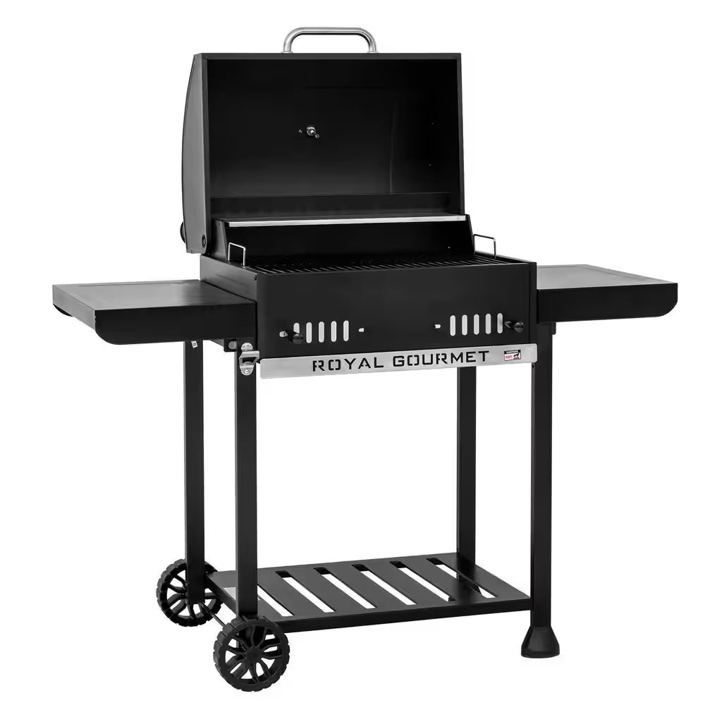 24 In. Movable Charcoal Grill in Black, 2 Foldable Side Shelves, 2-Level Height-Adjustable Charcoal Pan