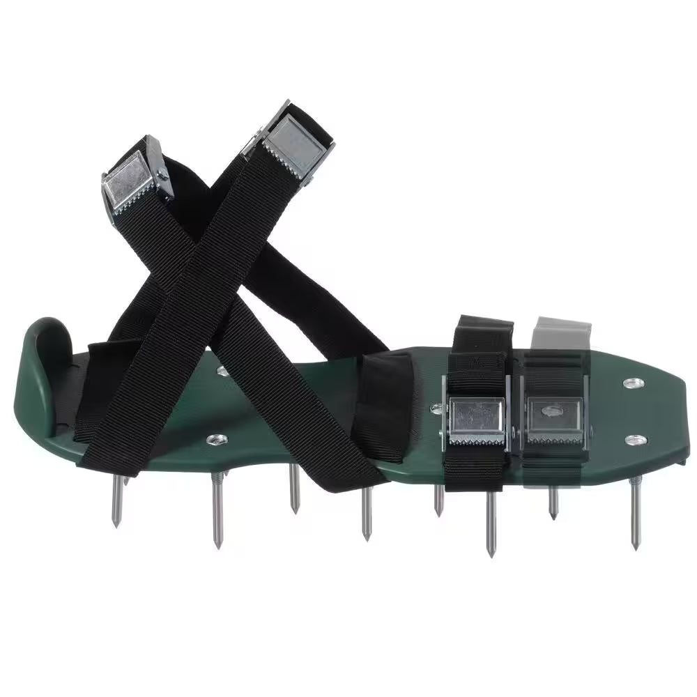 Lawn and Garden Aerator Spike Shoe with 3 Metal Buckle Straps, Green Spiked Sandal