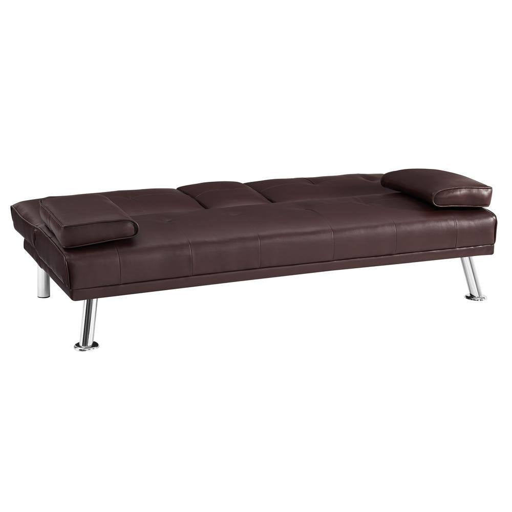 66 in Espresso Futon Sofa Mattress Faux Leather Couch with Armrest and 2-Cupholders Square Arm Rectangle with Metal Legs