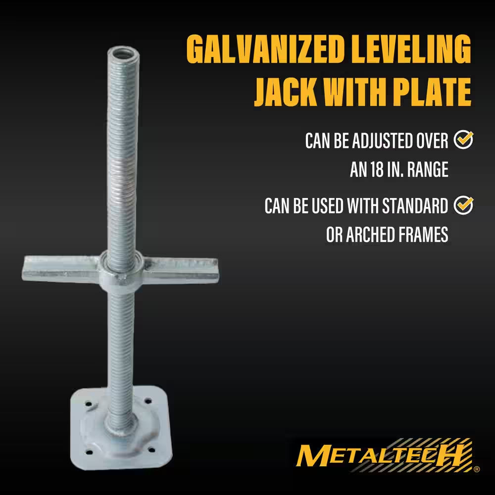 24-Inch Galvanized Steel Adjustable Leveling Jacks with Heavy-Duty Base Plate and Wing Nut Screw for Scaffolding Frames