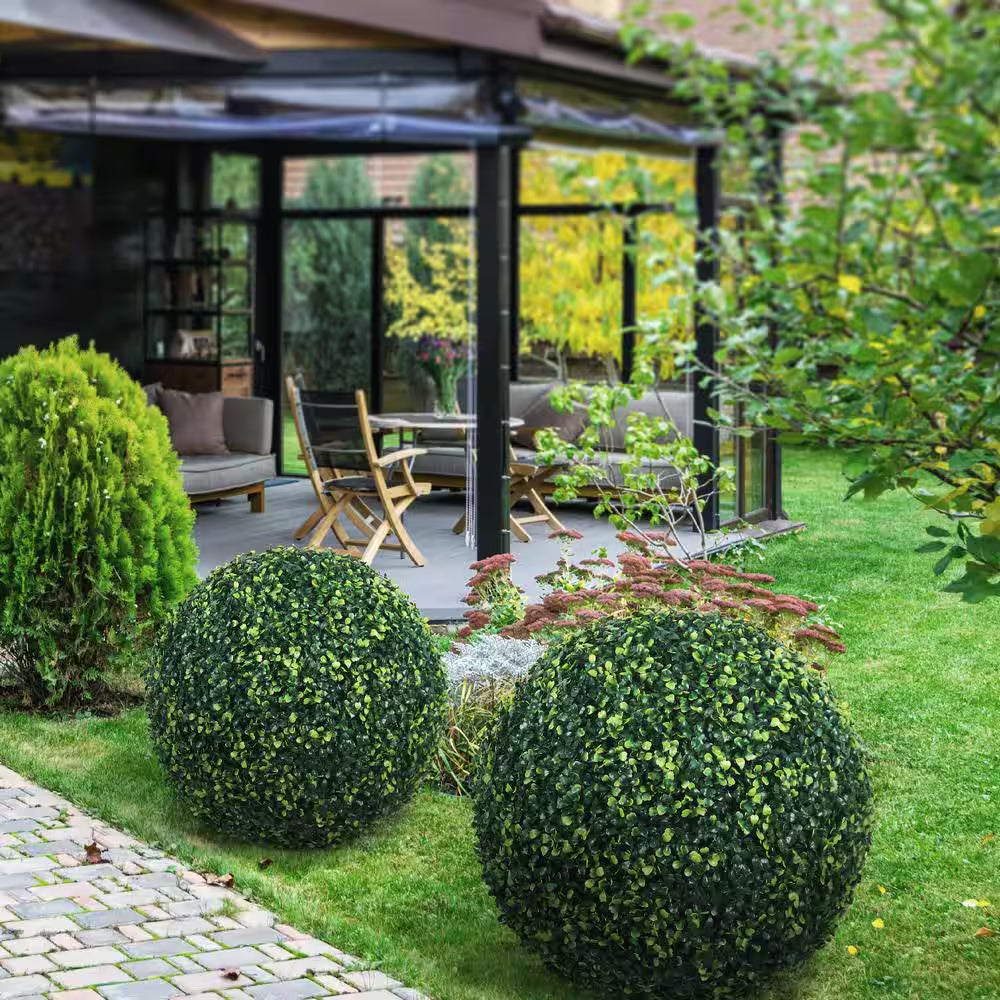 20 In. 2 Piece Artificial Boxwood Tree Ball UV Proof Faux Topiary Ball Lifelike Greenery Balls Outdoor Indoor