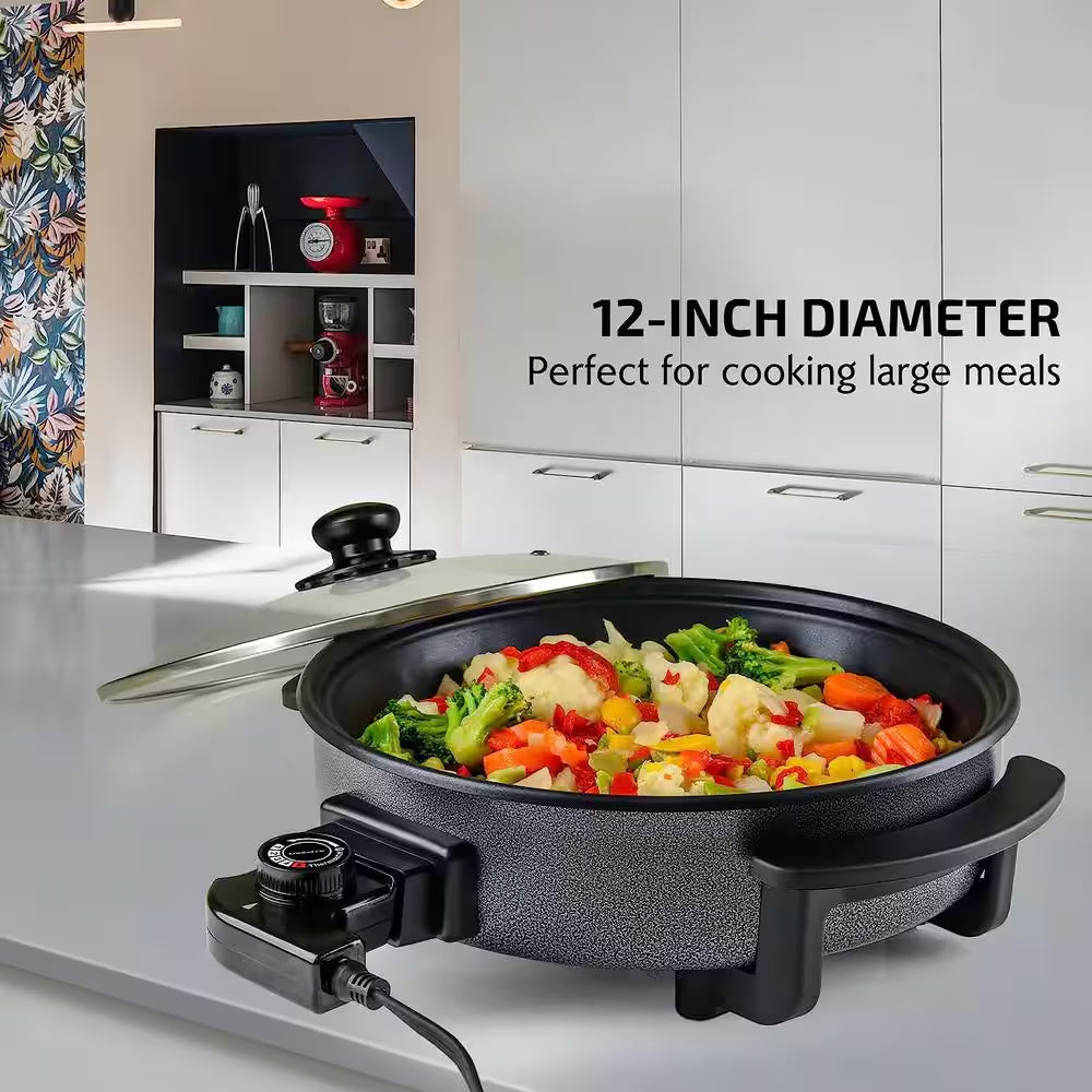 113 Sq. In. Black Electric Skillet with Nonstick Coating, Frying Pan with Tempered Glass Lid