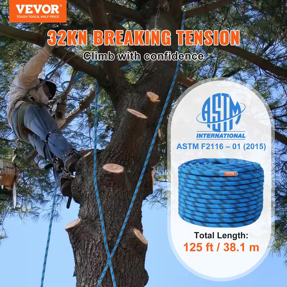 12.7 Mm Static Climbing Rope, 38 M, 125 Ft. Outdoor Rock Climbing Rope 30 KN Breaking Tension, Fiber Rope, Blue