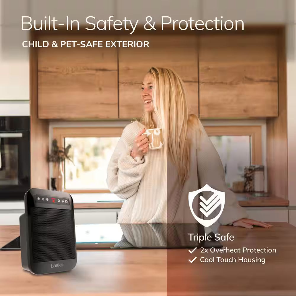 Myheat Max 1500-Watt 9.3 In. Black Electric Tabletop Personal Ceramic Space Heater with Thermostat Timer & Auto Shut-Off