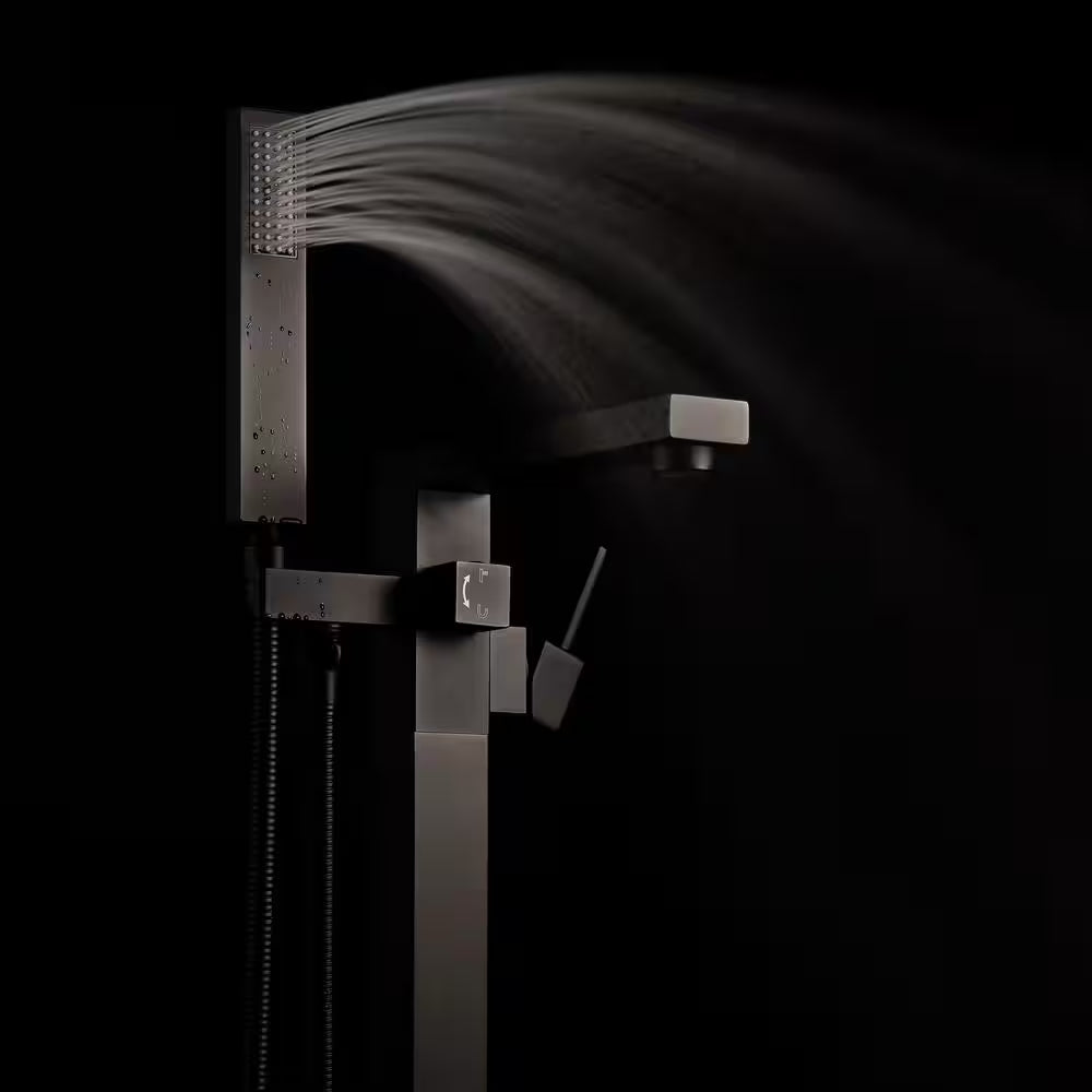 1-Handle Freestanding Floor Mount Roman Tub Faucet Bathtub Filler with Hand Shower in Matte Black