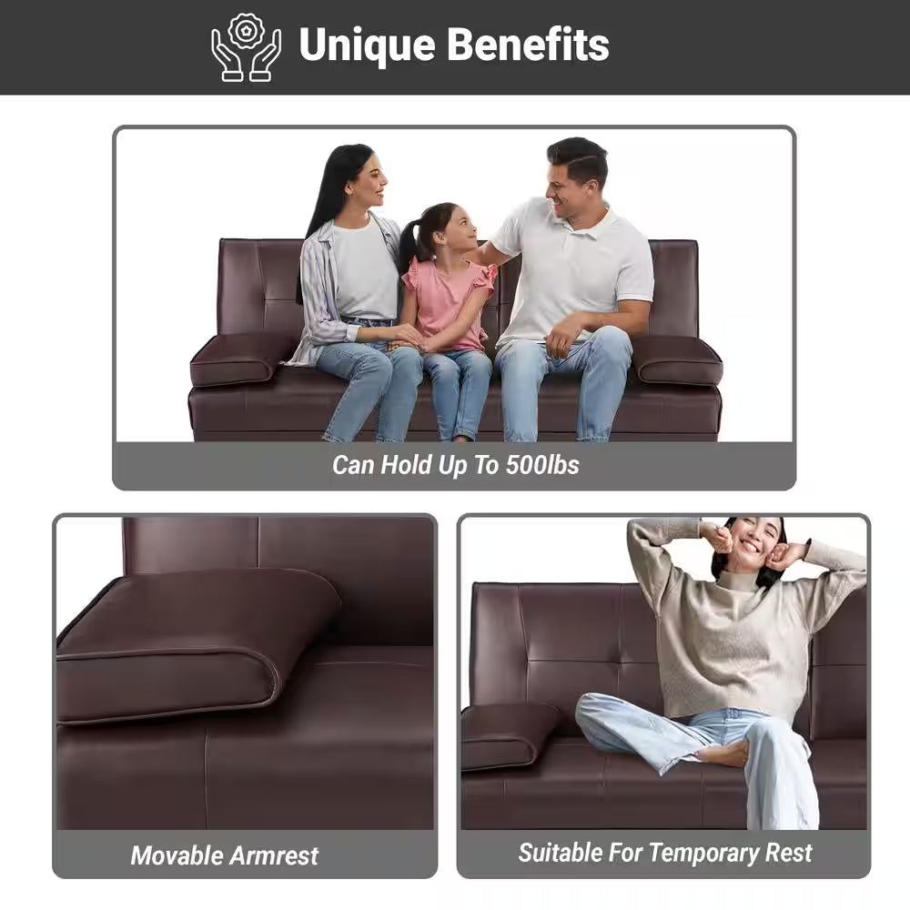 66 in Espresso Futon Sofa Mattress Faux Leather Couch with Armrest and 2-Cupholders Square Arm Rectangle with Metal Legs