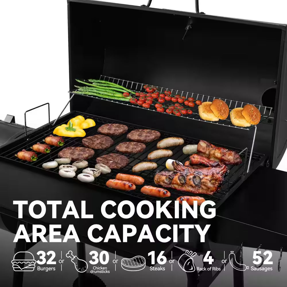 Charcoal Grill with Offset Smoker and Side Table in Black plus a Cover