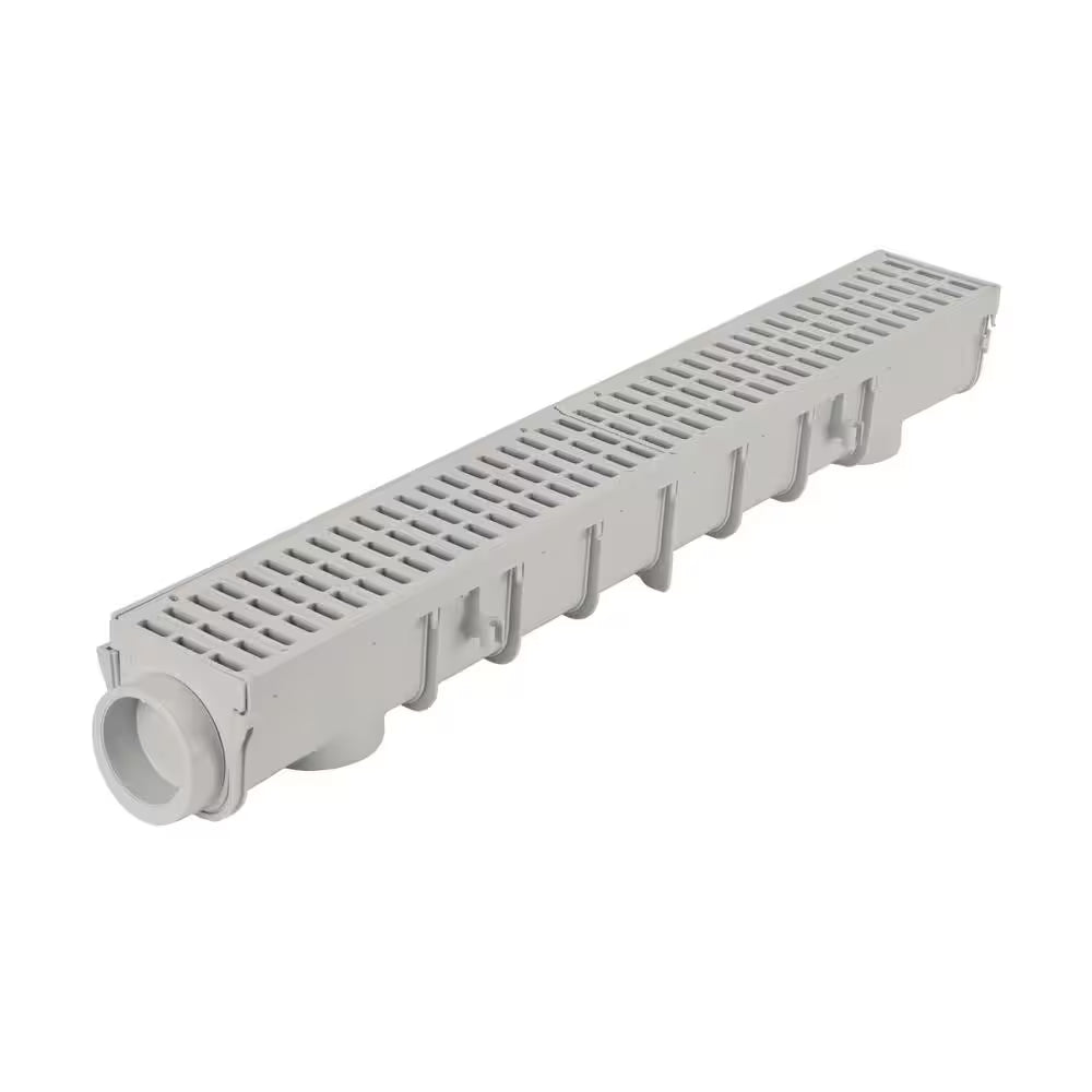 5 In. Pro Series Channel Drain Kit 5-1/2 In. X 39-3/8 In. Deep Channel, Gray Grates, End Caps/Outlet (6-Pack=19.7 Ft.)