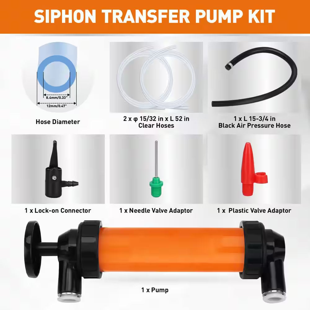 Manual Plastic Siphon Transfer Pump Kit with Hoses Air Pressure Hose for Gas Oil Water Portable Fluid Drainage