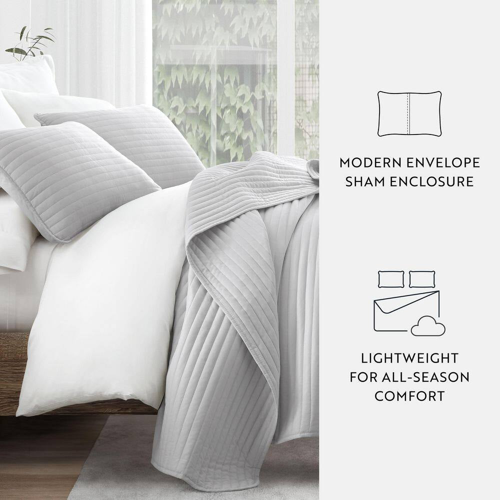 All Season 3-Pcs Light Gray Microfiber Twin/Twin XL Stripe Stitch Quilt Set with Shams