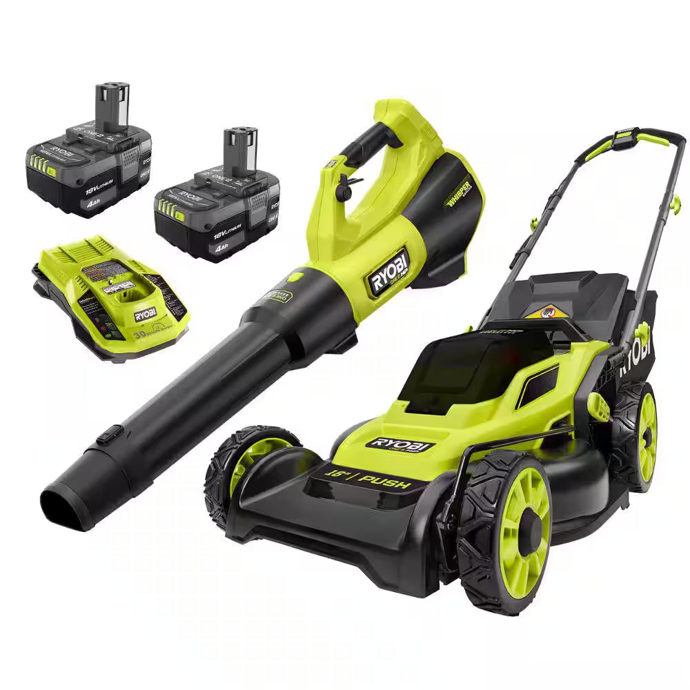 ONE+ HP 18V Brushless 16 In. Cordless Battery Walk behind Push Lawn Mower & Blower W/ (2) 4.0 Ah Batteries & (1) Charger