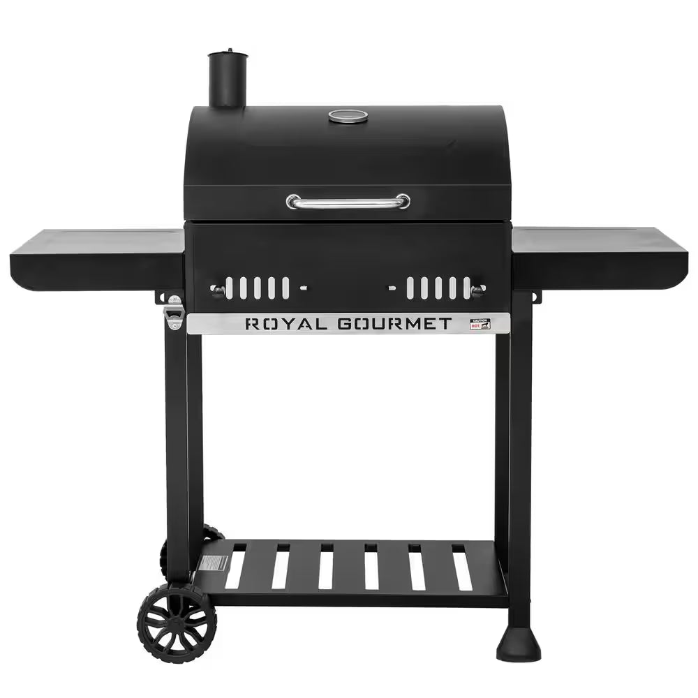 24 In. Movable Charcoal Grill in Black, 2 Foldable Side Shelves, 2-Level Height-Adjustable Charcoal Pan