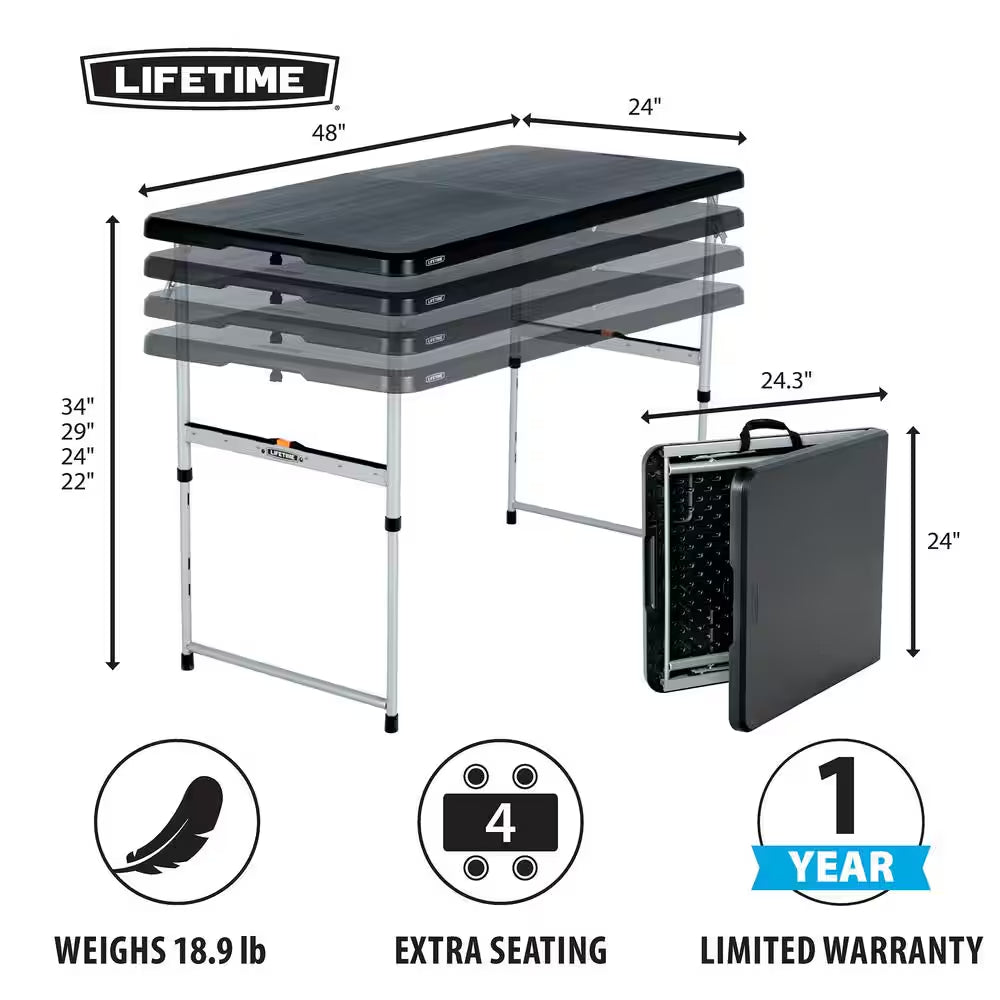 48 In. L Rectangle Black Resin Top Adjustable Fold-In-Half Table with Silver Frame