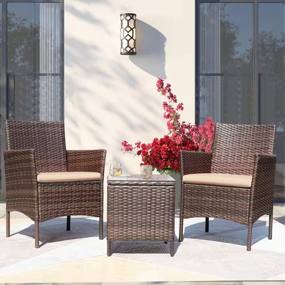 Brown 3-Pieces Patio Furniture PE Rattan Outdoor Conversation Set W/Table Backyard Garden Set with Beige Cushion