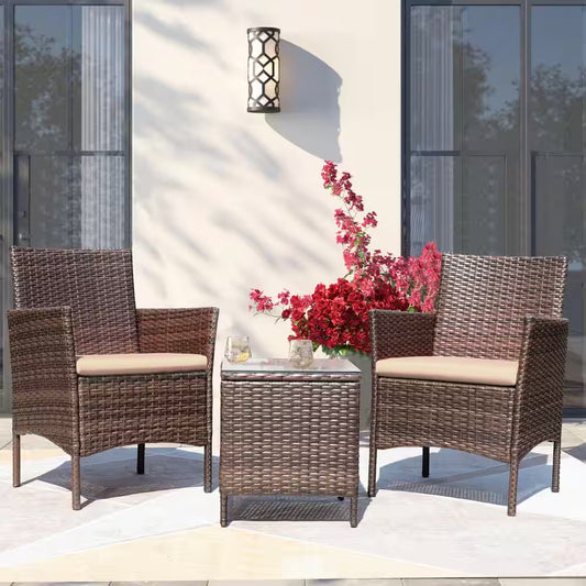 Brown 3-Pieces Patio Furniture PE Rattan Outdoor Conversation Set W/Table Backyard Garden Set with Beige Cushion