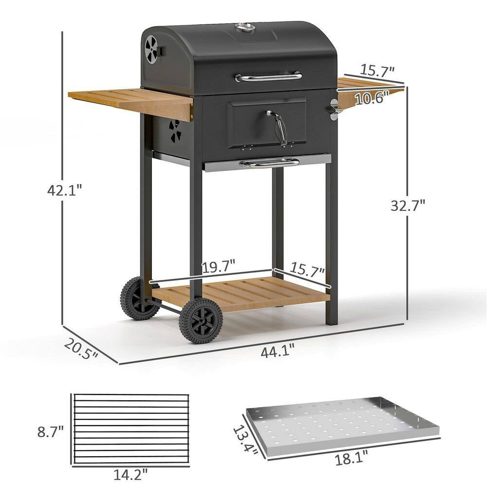 Charcoal Grill in Black with Adjustable Charcoal Pan, 3 Shelves, Thermometer, Wheels for Patio Backyard Party Picnic