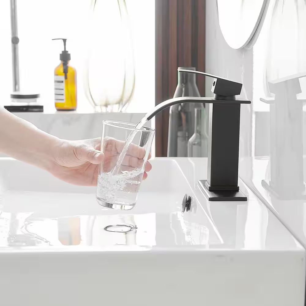 Waterfall Single Handle Single Hole Low-Arc Bathroom Faucet Bathroom Drip-Free Vanity Sink Faucet in Matte Black