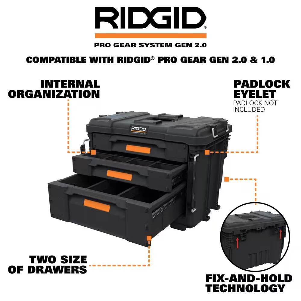 Pro Gear System Gen 2.0 14.6 In. W Black Resin XL 3 Drawer Durable Hand Tool Box with Dividers for Internal Organization