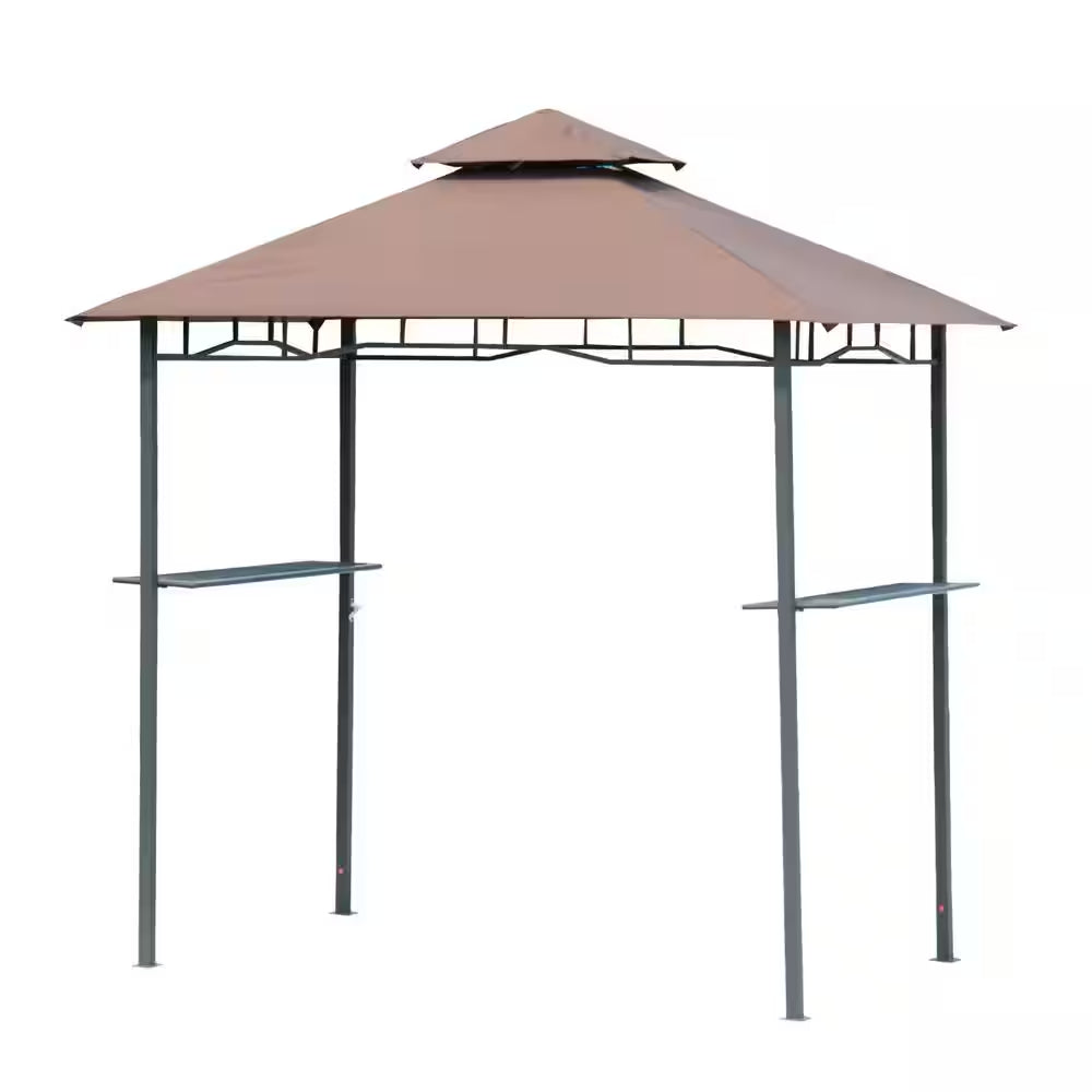 5 Ft. X 8 Ft. Beige Patio Double-Tier BBQ Grill Canopy Tent with Flame Retardant Cover Work Surface & Stylish Utility