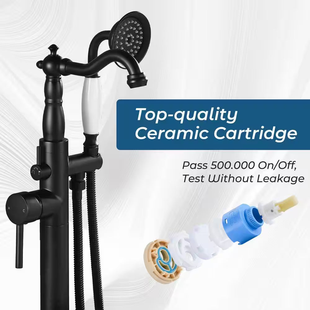 Single-Handle Floor-Mount Roman Tub Faucet with Hand Shower in Matte Black
