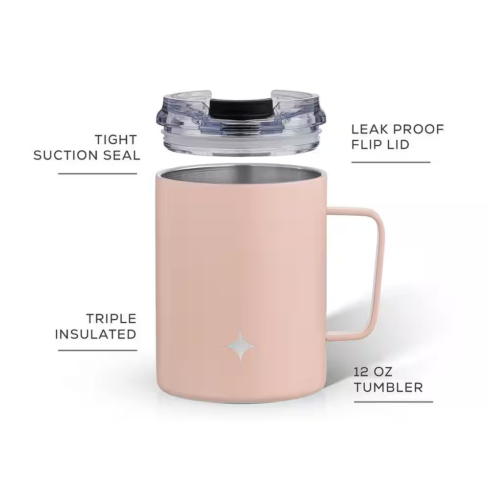 12 Oz. Pink Stainless Steel Vacuum Insulated Travel Coffee Mug Tumbler with Lid & Handle