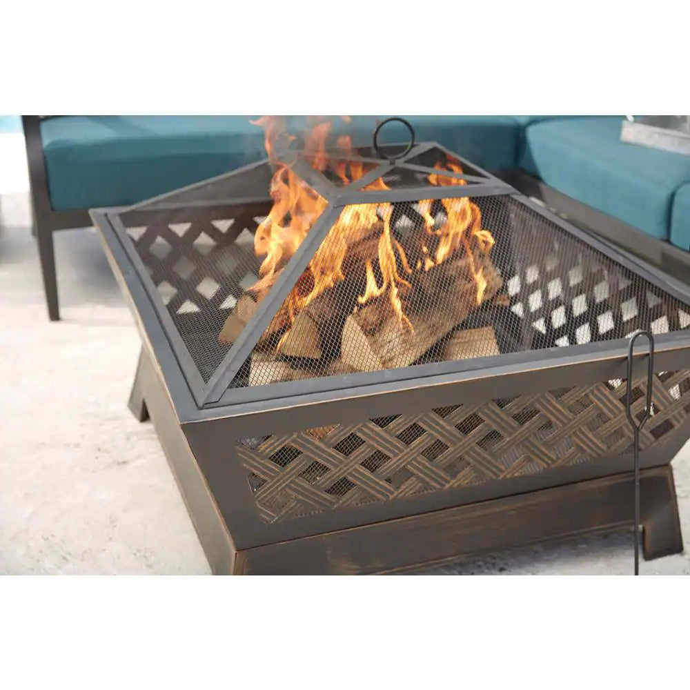 Tipton 34.00 In. W Rubbed Bronze Steel Wood Outdoor Fire Pit with Screen and Poker Included
