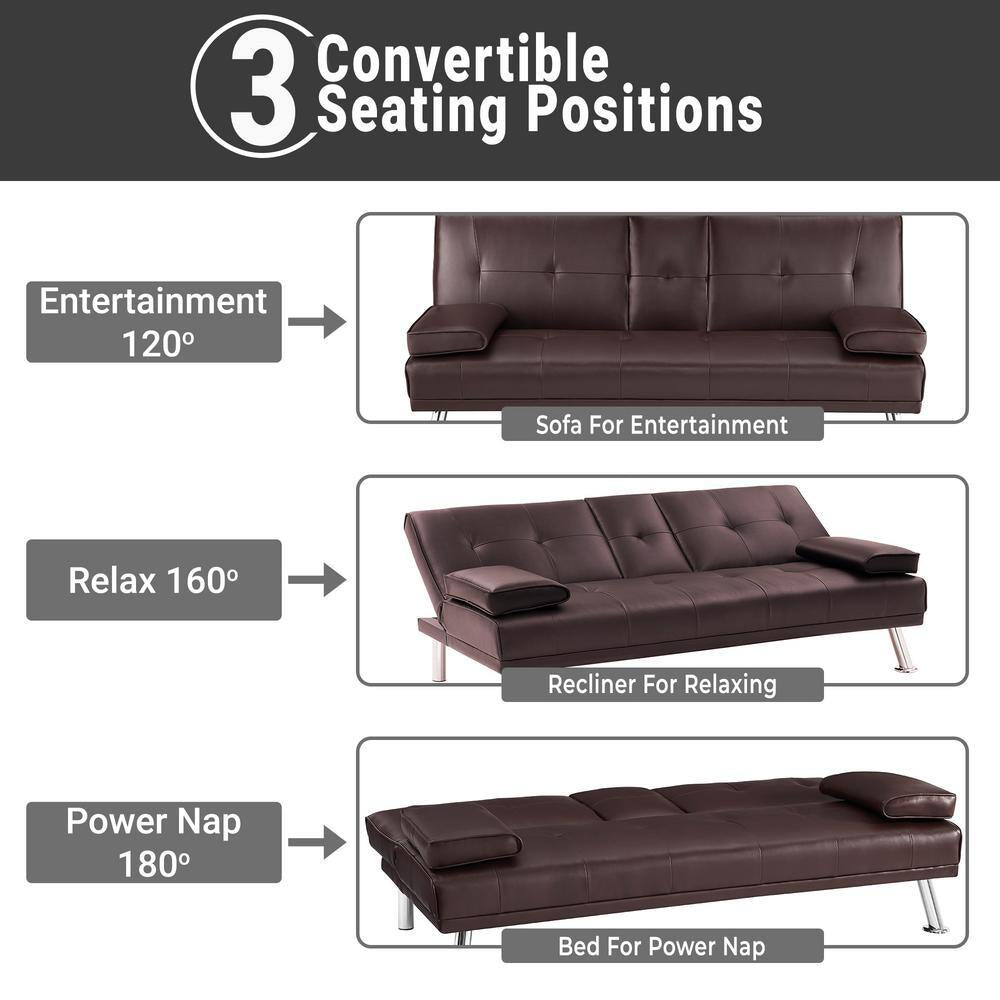 66 in Espresso Futon Sofa Mattress Faux Leather Couch with Armrest and 2-Cupholders Square Arm Rectangle with Metal Legs