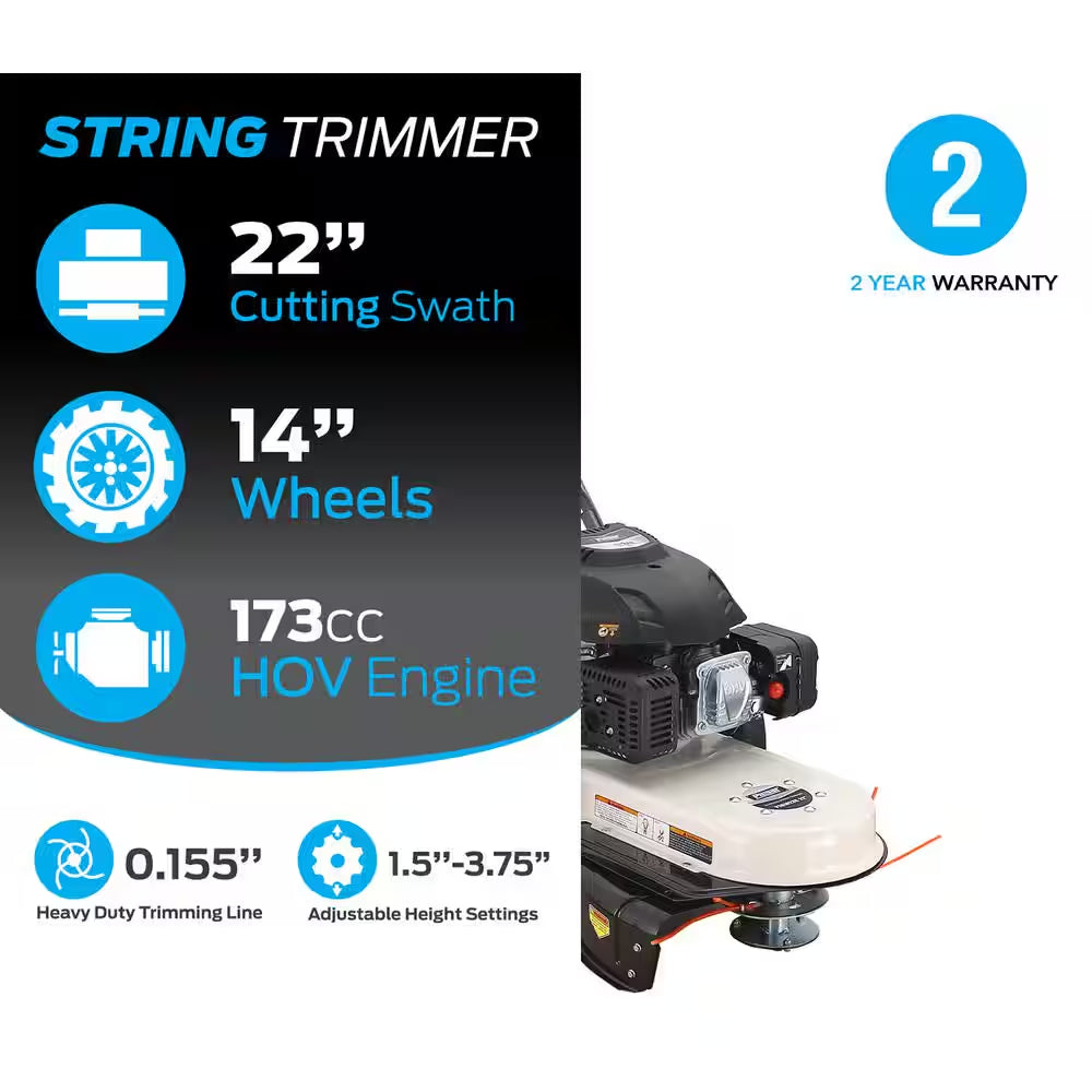 22 In. 173Cc Gas Recoil Start Walk-Behind Push Field String Trimmer Mower with Adjustable Trimmer Head