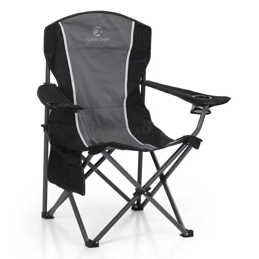 Oversized Foldable Black Camping Chair with Heavy-Duty Steel Frame