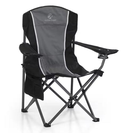 Oversized Foldable Black Camping Chair with Heavy-Duty Steel Frame