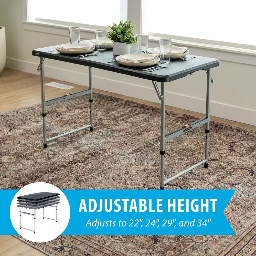 48 In. L Rectangle Black Resin Top Adjustable Fold-In-Half Table with Silver Frame