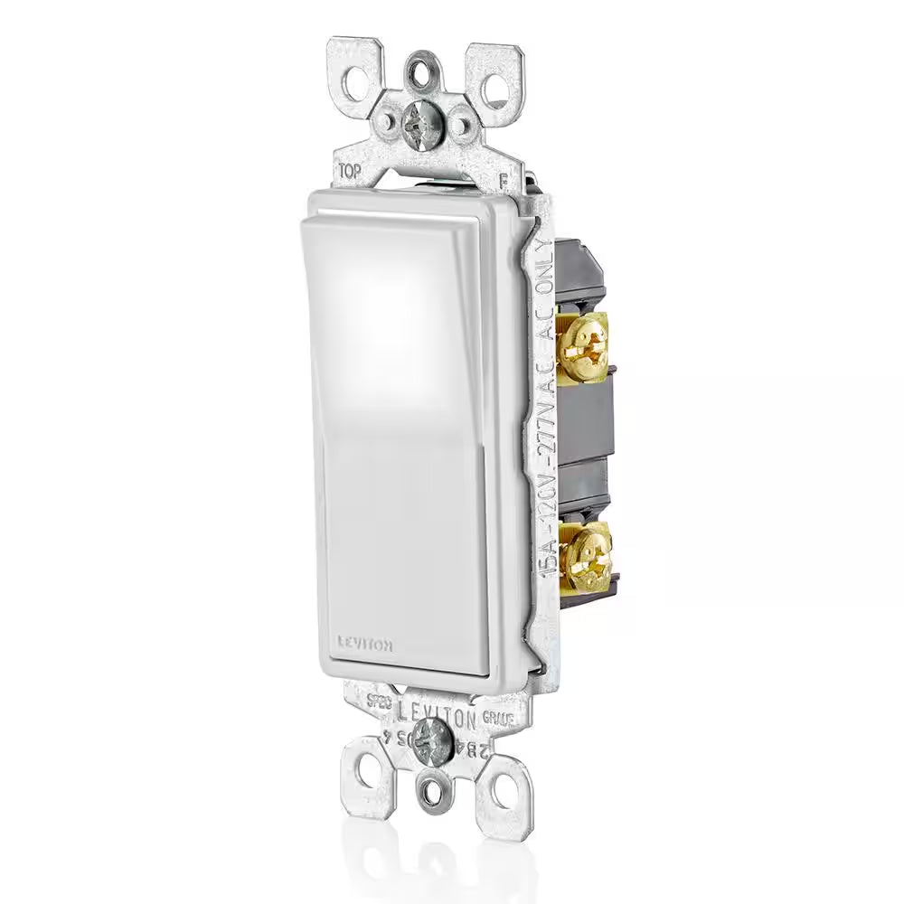 15 Amp 120-Volt/277-Volt Decora LED Illuminated Rocker Single-Pole AC Quiet Switch Residential Grade Grounding, White