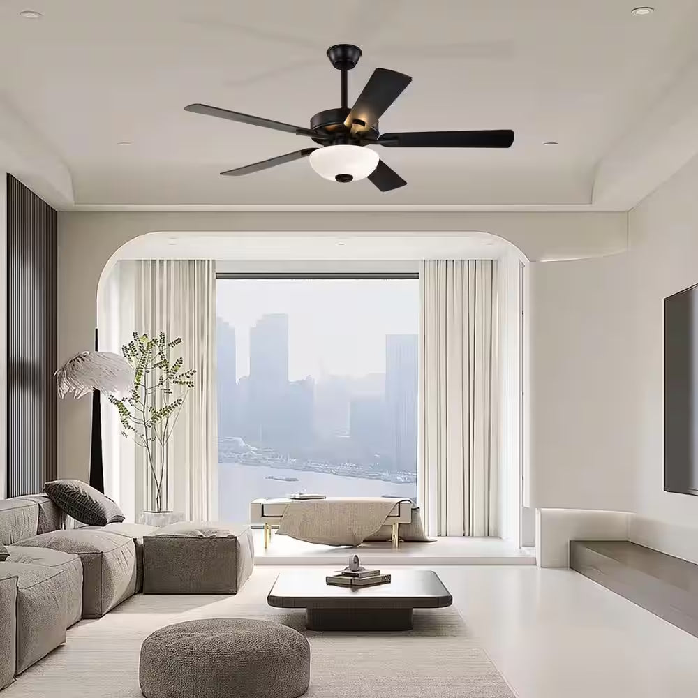52 In. Matte Black 5-Blade Integrated LED 6-Speed Indoor Ceiling Fan with Light Kit and Remote Control