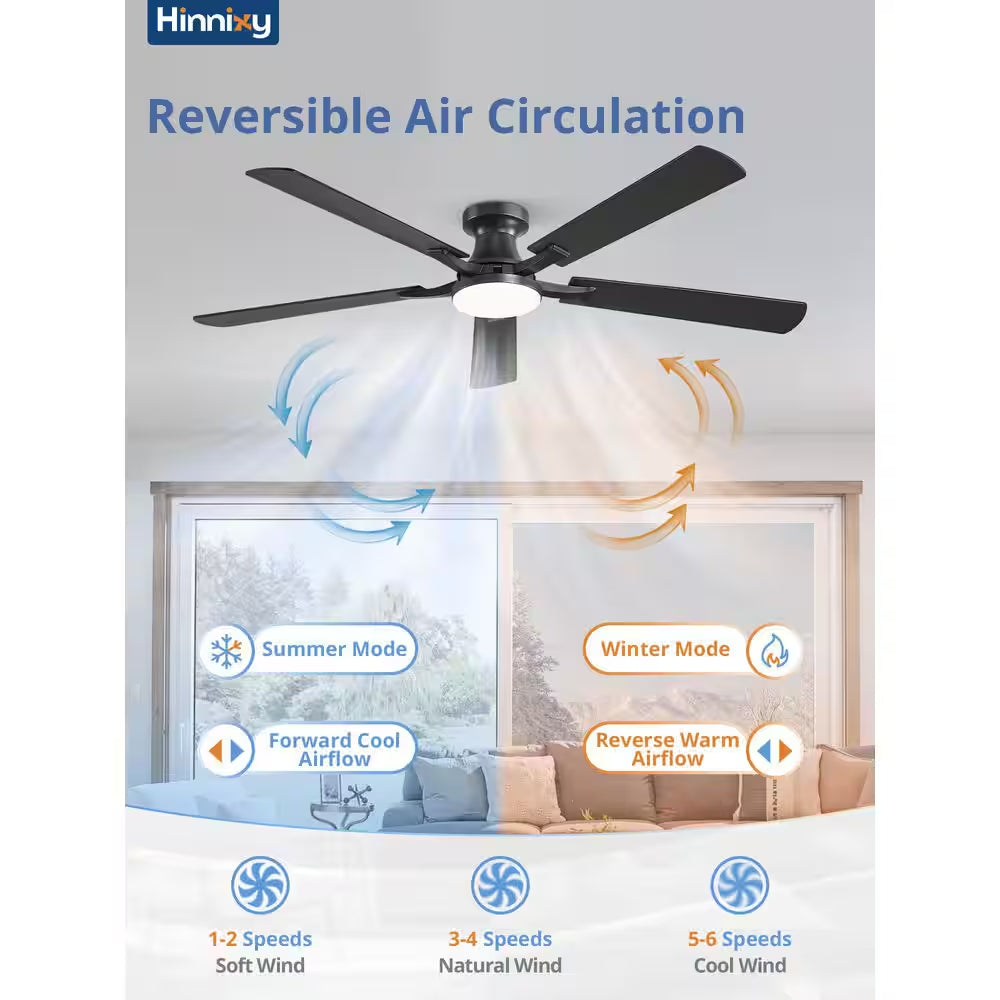 60 Inch Black Modern Flush Mount Ceiling Fan with Light, App/Remote Control Quiet Reversible DC Motor for Living Room