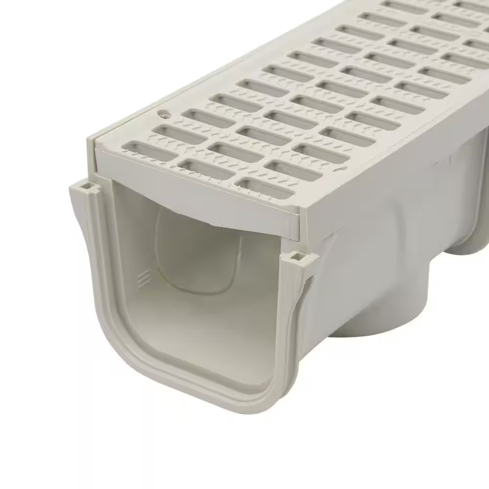 5 In. Pro Series Channel Drain Kit 5-1/2 In. X 39-3/8 In. Deep Channel, Gray Grates, End Caps/Outlet (6-Pack=19.7 Ft.)