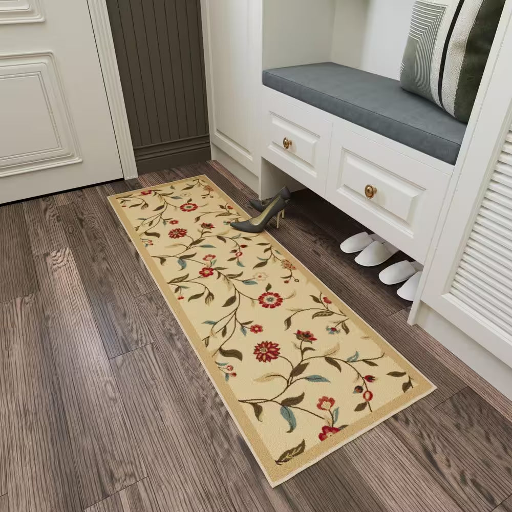 Ottohome Collection Non-Slip Rubberback Floral Leaves 2 X 5 Indoor Runner Rug, 1 Ft. 8 In. X 4 Ft. 5 In., Beige