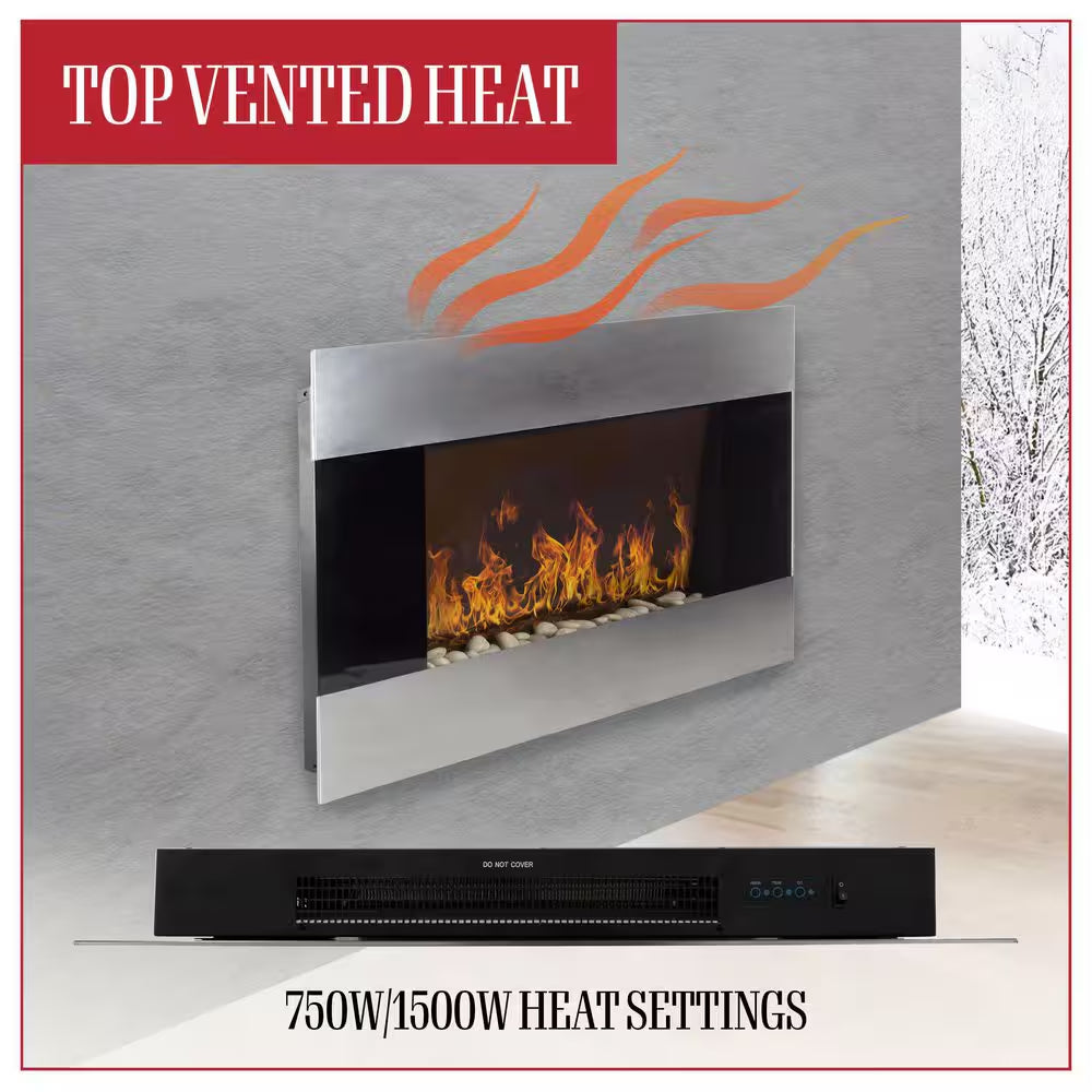 36 In. Stainless Steel Electric Fireplace with Wall Mount and Remote in Silver