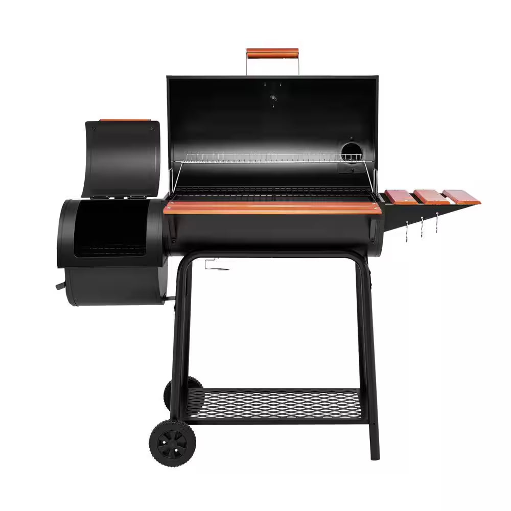 Barrel Charcoal Grill in Black with Offset Smoker, 811 Sq. In. Cooking Space, Wood-Painted Side Table