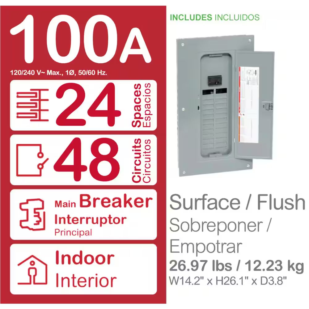 Homeline 100 Amp 24-Space 48-Circuit Indoor Main Breaker Plug-On Neutral Load Center with Cover(Hom2448M100Pcvp)