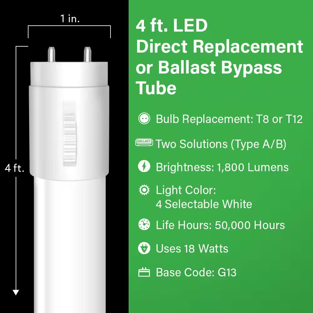 18-Watt 4 Ft. G13 Type AB T8 Plug and Play or T8/T12 Ballast Bypass Linear LED Tube Light Bulb Selectable White (2-Pack)